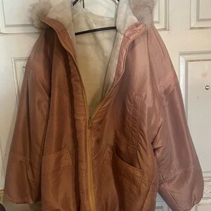 Womens Rose Gold Satin Puffer Coat with Genuine Fox  Fur Hood